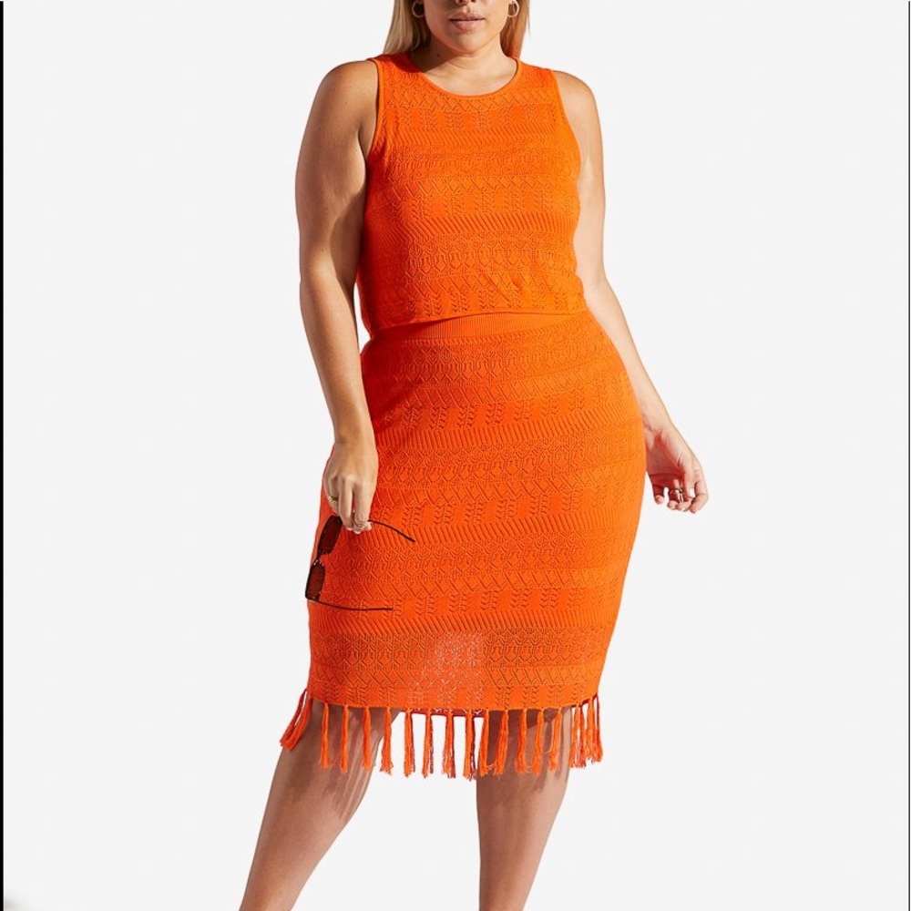 Plus Size Crochet Pointelle Knit Skirt and Crop Tank Set
